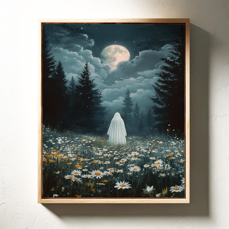 Mystical Moon Halloween Canvas Art For Living Room - Haunted Forest Scene With Full Moon And Wildflowers, Perfect For Halloween Spirit