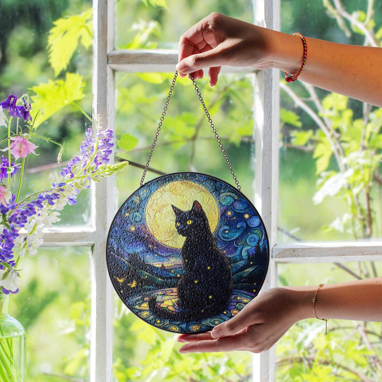 Celestial Black Cat Suncatcher - Mystical Halloween Window Ornament For Gothic And Witchy Decor Lovers