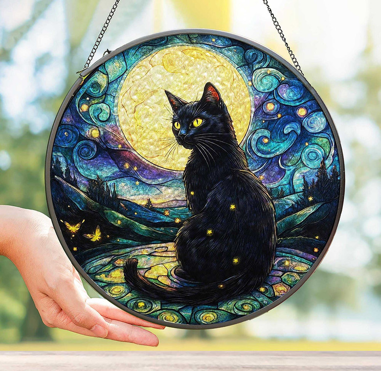 Celestial Black Cat Suncatcher - Mystical Halloween Window Ornament For Gothic And Witchy Decor Lovers