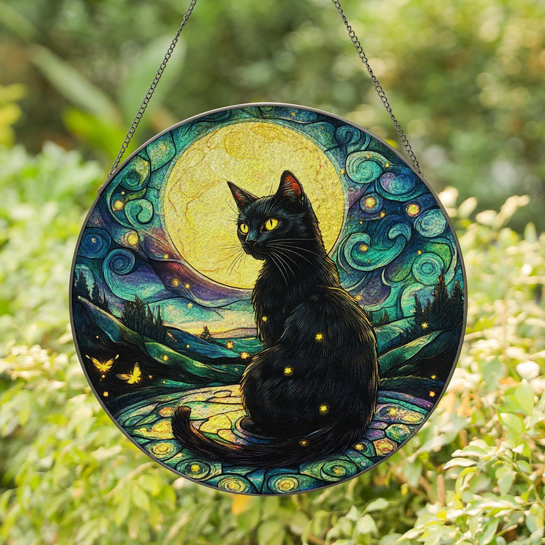 Celestial Black Cat Suncatcher - Mystical Halloween Window Ornament For Gothic And Witchy Decor Lovers