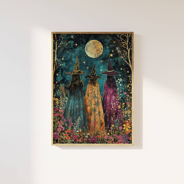 Halloween witches canvas art with wildflowers, ethereal mystical style, enchanting wall decor for a cozy living room
