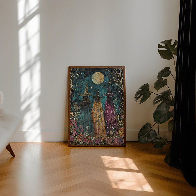 Halloween witches canvas art amid wildflowers, ethereal coven scene, mystical statement piece for living room wall decoration