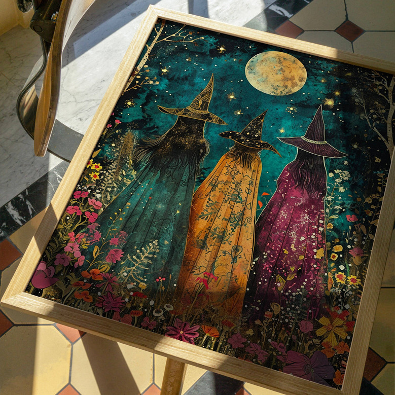 Halloween witches canvas art featuring botanical wildflowers, dreamy minimalist illustration, mystical living room wall accent