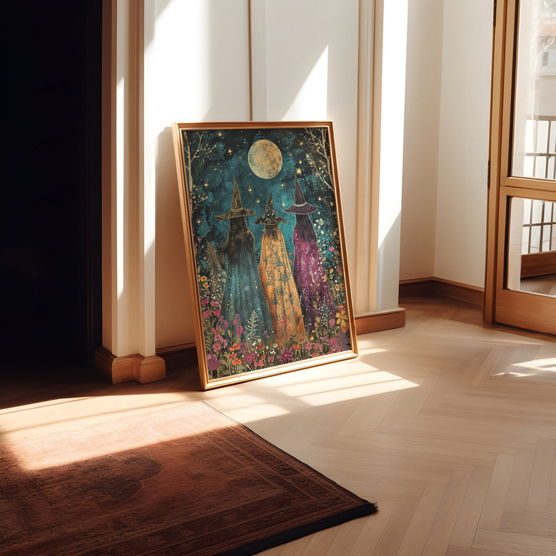 Halloween witches canvas art with wildflower motifs, boho mystical aesthetic, elegant wall decor for the living room