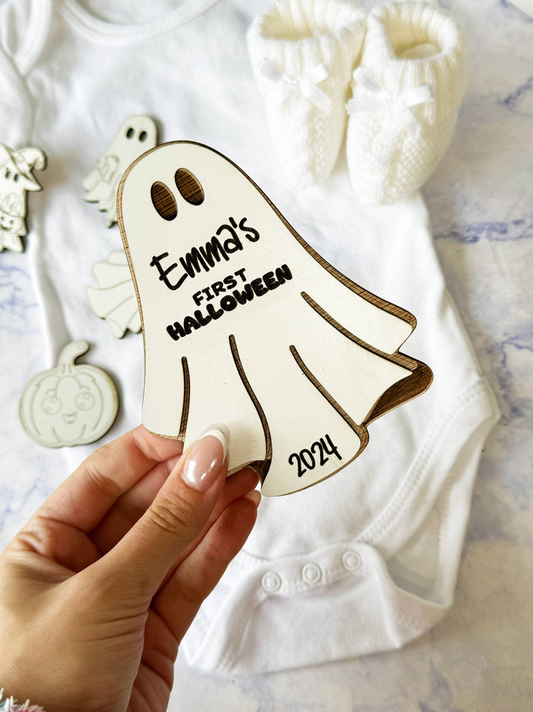 Custom Engraved Baby's First Halloween Wooden Name Plaque - Pumpkin Keepsake For Nursery Decor And Social Media Photos