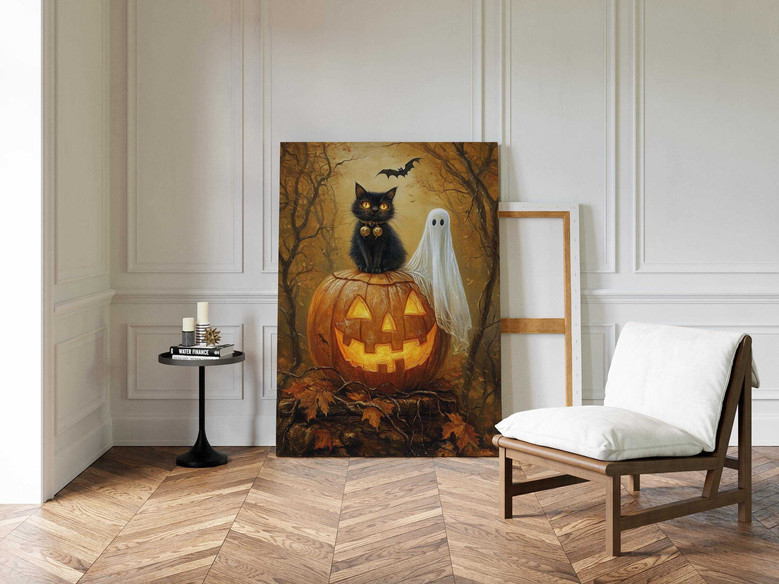 Vintage Black Cat Halloween Canvas - Spooky Pumpkin Design For Gothic Fall Decor In Living Room