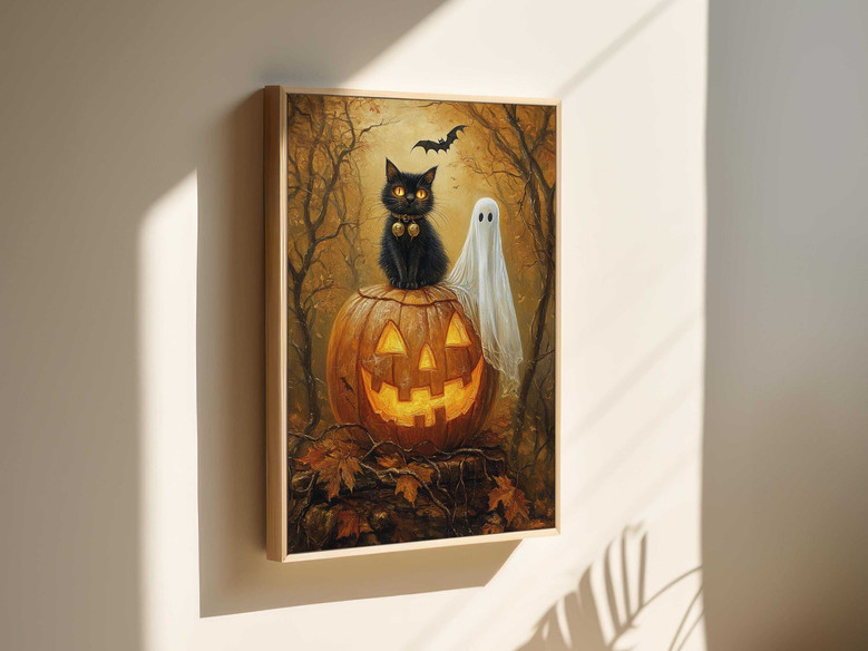 Vintage Black Cat Halloween Canvas - Spooky Pumpkin Design For Gothic Fall Decor In Living Room