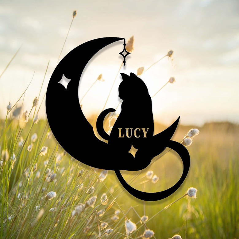 Custom Black Cat On Moon Metal Sign For Halloween Celestial Cat Decor
