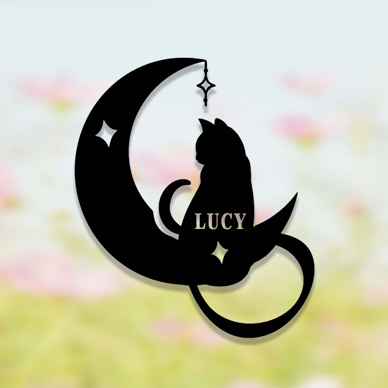 Custom Black Cat On Moon Metal Sign For Halloween Celestial Cat Decor