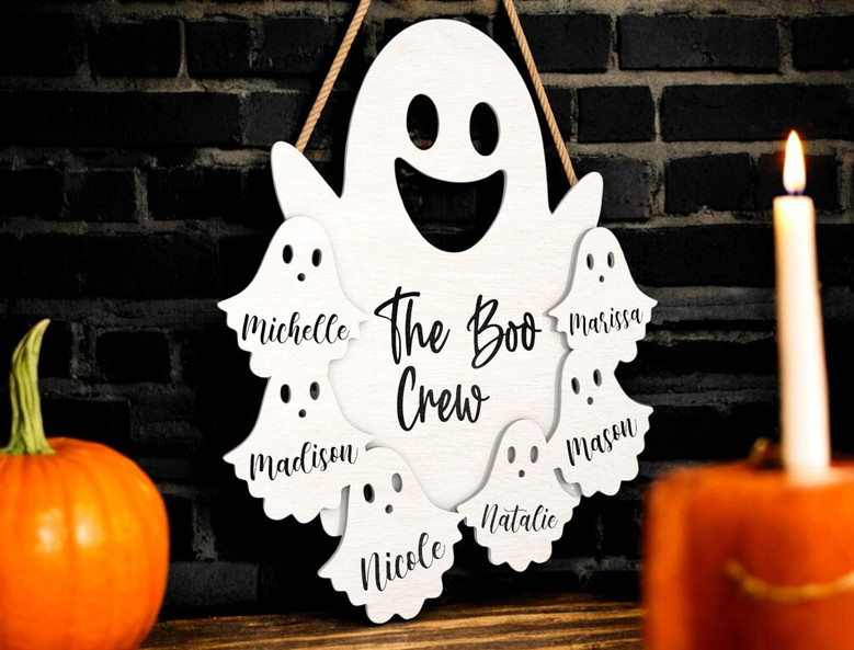 Boo Crew Ghost Family Sign - Custom Name Wood Hanger For Halloween