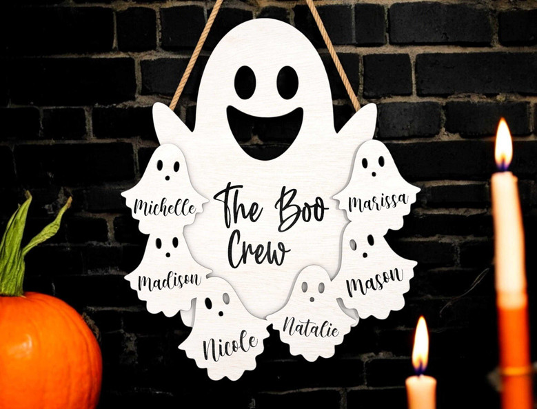 Boo Crew Ghost Family Sign - Custom Name Wood Hanger For Halloween