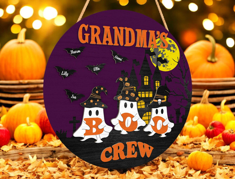 Custom Boo Crew Halloween Wood Sign For Grandma's Ghost Family - Personalized Fall Door DéCor With Grandkids' Names