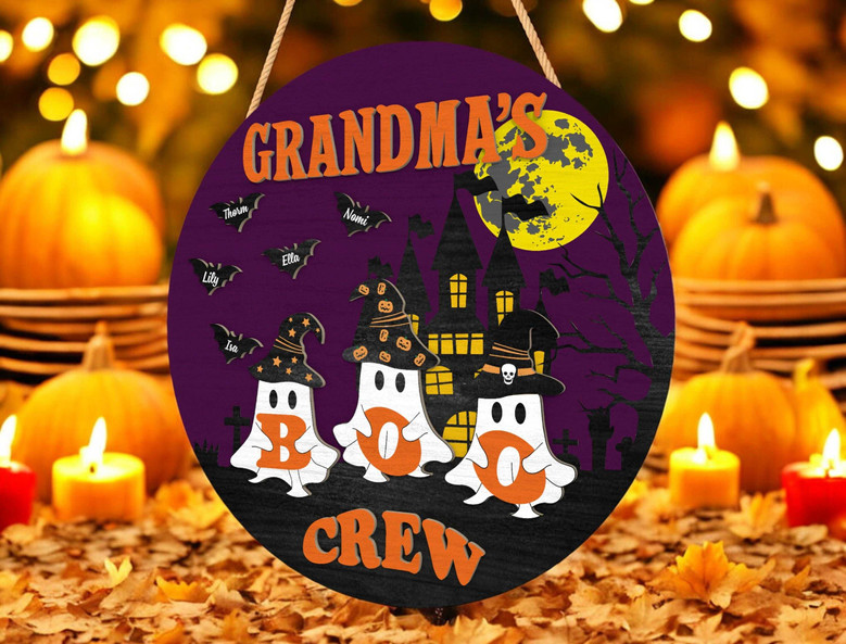 Custom Boo Crew Halloween Wood Sign For Grandma's Ghost Family - Personalized Fall Door DéCor With Grandkids' Names