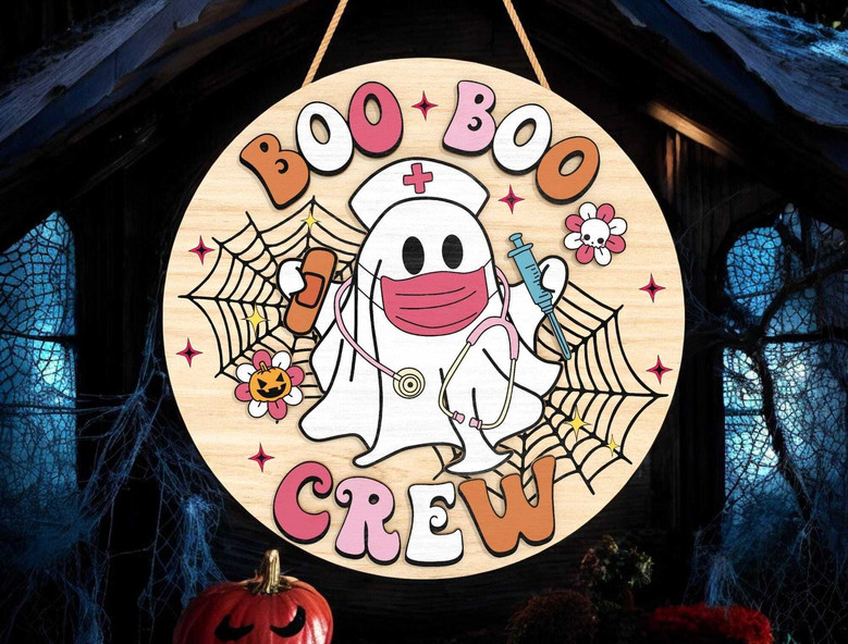 Funny Boo Crew Halloween Nurse Wooden Sign For Healthcare Workers - Ghost Theme Door Hanger