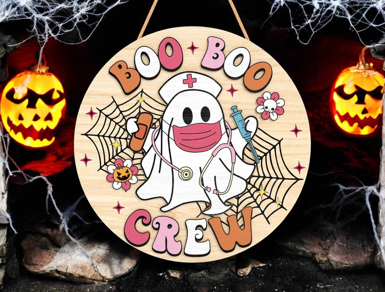 Funny Boo Crew Halloween Nurse Wooden Sign For Healthcare Workers - Ghost Theme Door Hanger