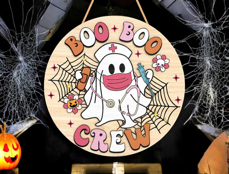 Funny Boo Crew Halloween Nurse Wooden Sign For Healthcare Workers - Ghost Theme Door Hanger