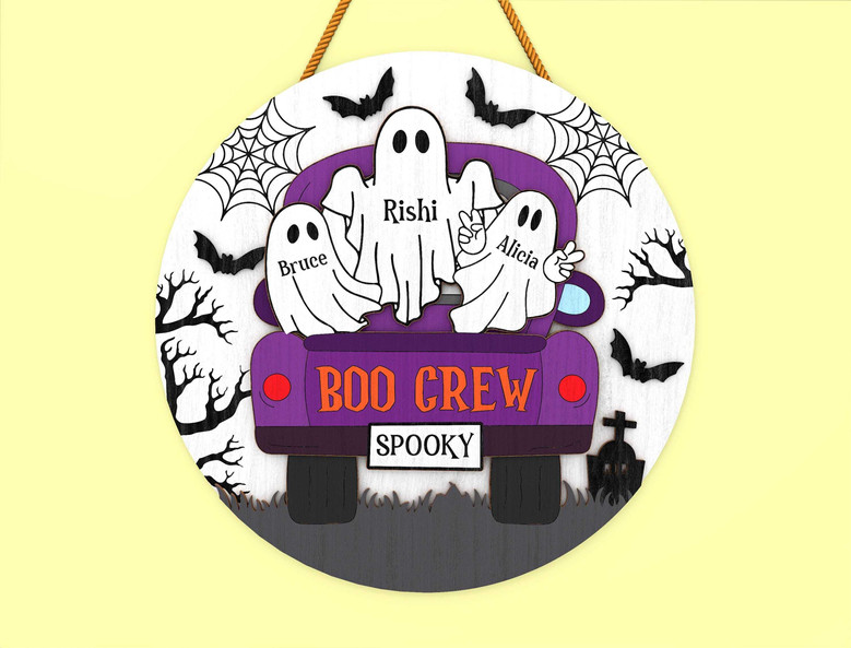Boo Crew Personalized Wood Sign For Halloween - Custom Ghost Design For Door DéCor