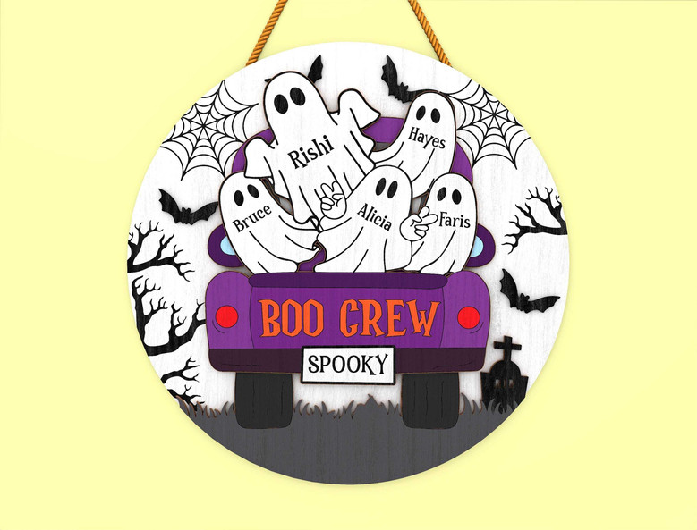 Boo Crew Personalized Wood Sign For Halloween - Custom Ghost Design For Door DéCor