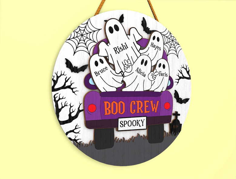 Boo Crew Personalized Wood Sign For Halloween - Custom Ghost Design For Door DéCor