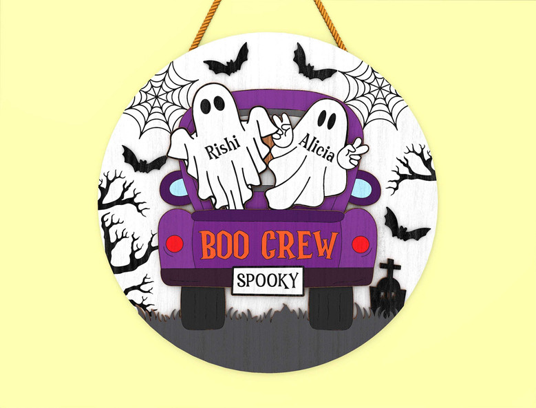 Boo Crew Personalized Wood Sign For Halloween - Custom Ghost Design For Door DéCor