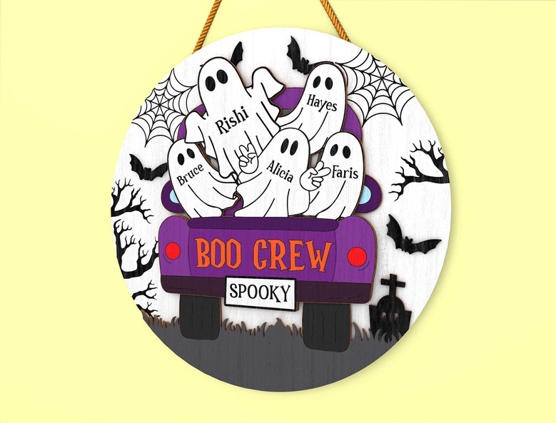 Boo Crew Personalized Wood Sign For Halloween - Custom Ghost Design For Door DéCor
