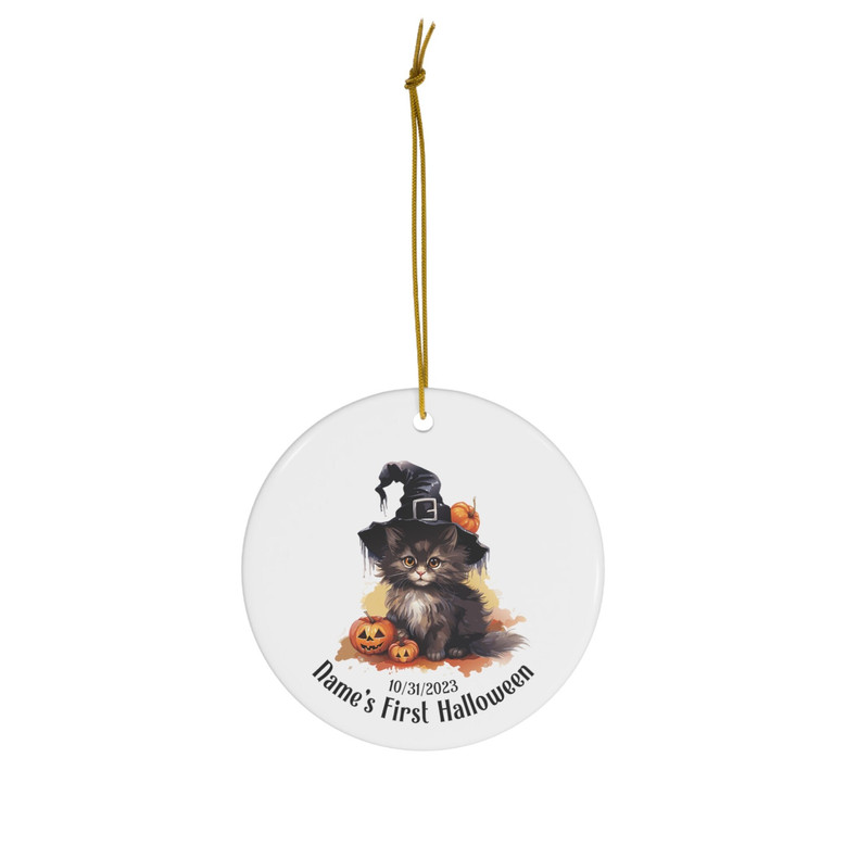 Custom Witchy Kitten Ceramic Ornament For Baby's First Halloween