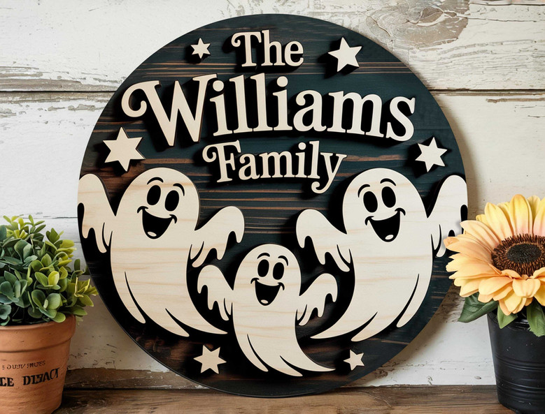 Custom Wooden Halloween Door Plaque With Ghost Family & Stars - Personalized For Your Home