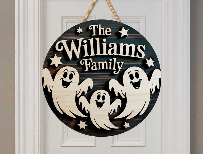 Custom Wooden Halloween Door Plaque With Ghost Family & Stars - Personalized For Your Home