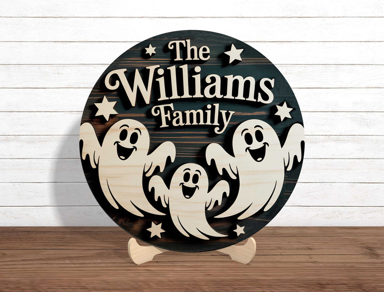 Custom Wooden Halloween Door Plaque With Ghost Family & Stars - Personalized For Your Home