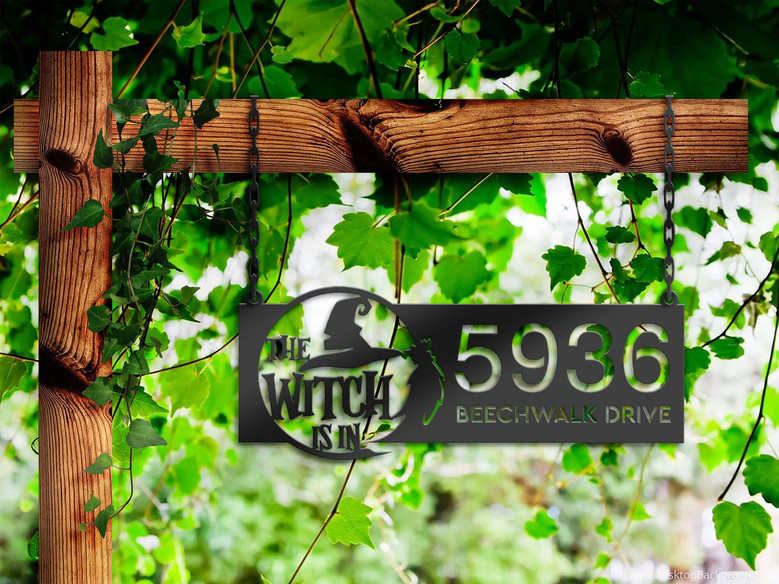 Custom Halloween Metal Address Sign For Outdoor Decor - Spooky Yard Plaque With Witch Theme