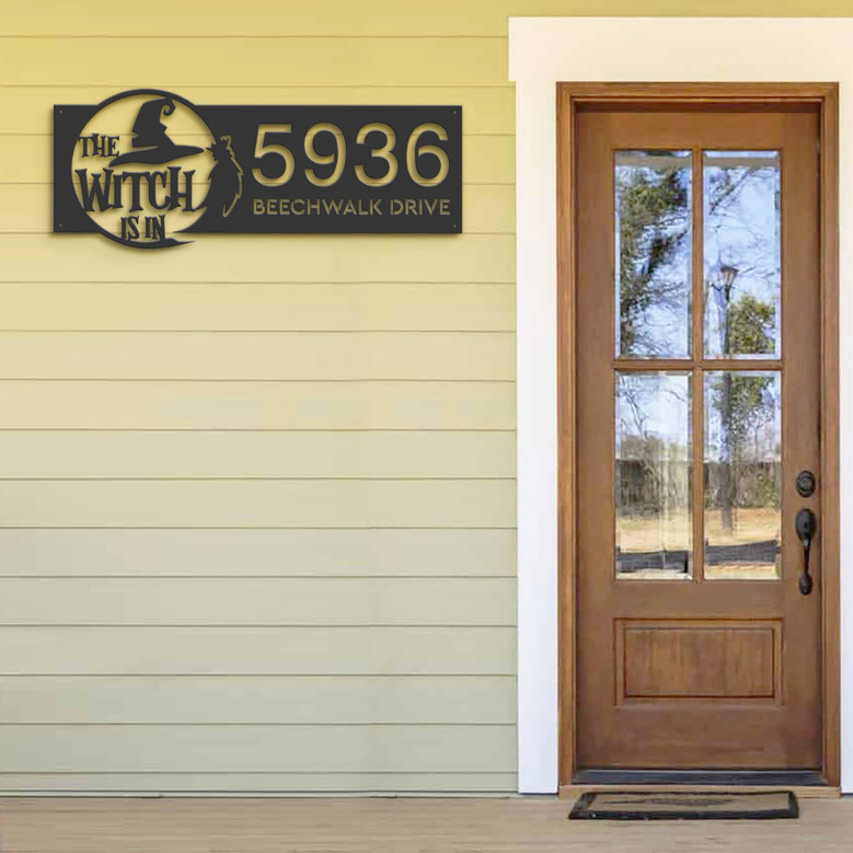 Custom Halloween Metal Address Sign For Outdoor Decor - Spooky Yard Plaque With Witch Theme