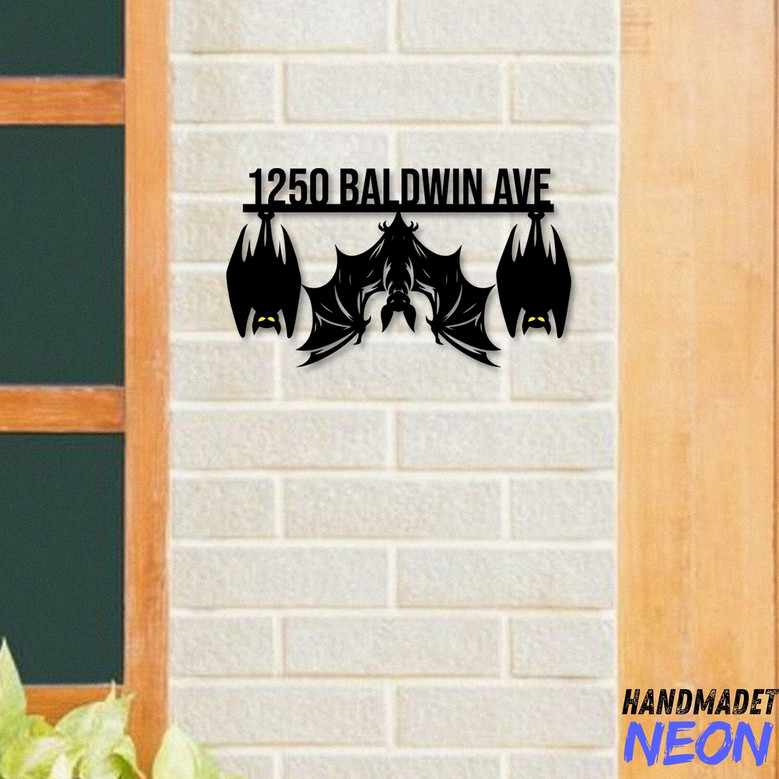 Custom Halloween Bat House Address Metal Sign For Outdoor Decor - Spooky Home Number Design For Halloween
