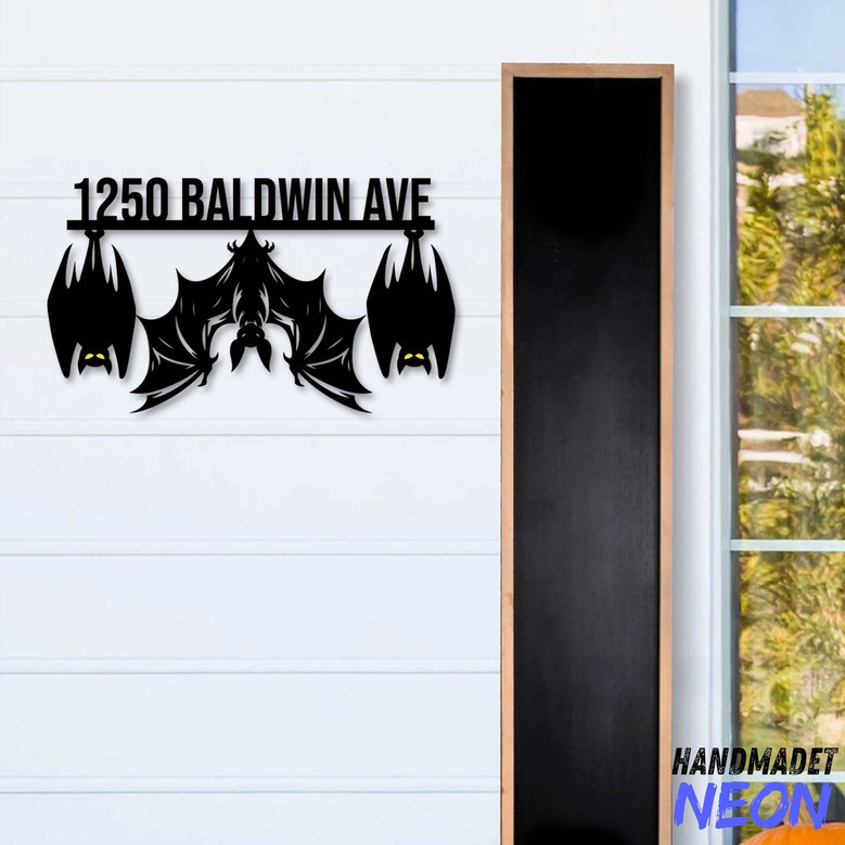 Custom Halloween Bat House Address Metal Sign For Outdoor Decor - Spooky Home Number Design For Halloween