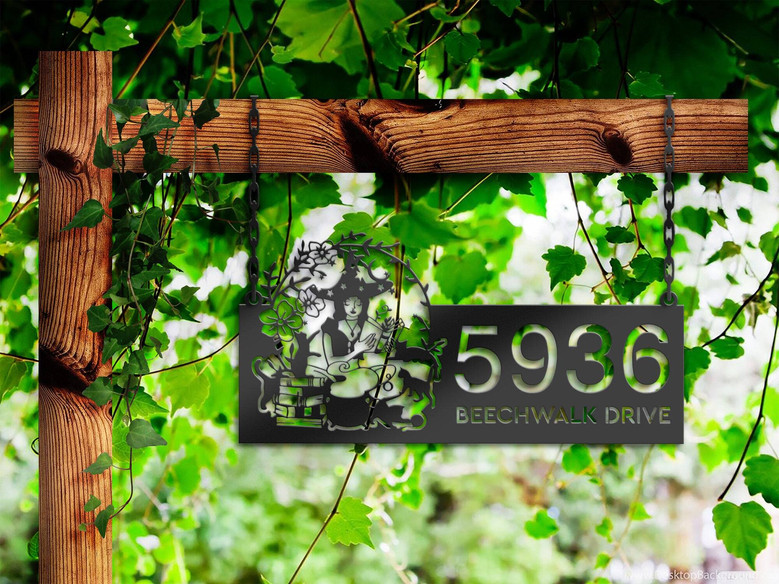Spooky Personalized Halloween Metal Address Sign With Witch & Black Cat - Outdoor Yard & Garden DéCor