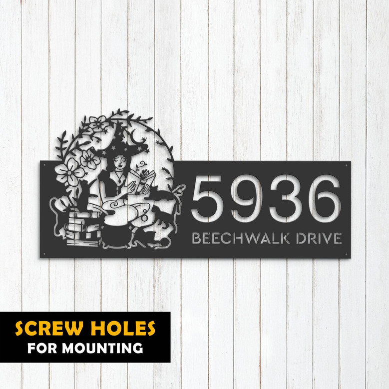 Spooky Personalized Halloween Metal Address Sign With Witch & Black Cat - Outdoor Yard & Garden DéCor
