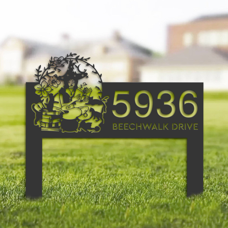 Spooky Personalized Halloween Metal Address Sign With Witch & Black Cat - Outdoor Yard & Garden DéCor