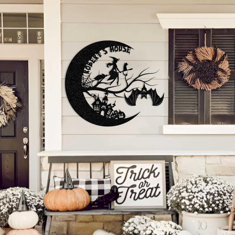 Personalized Witch And Bat Moon Halloween Metal Sign For Entryway DéCor - Thoughtful Halloween Gift