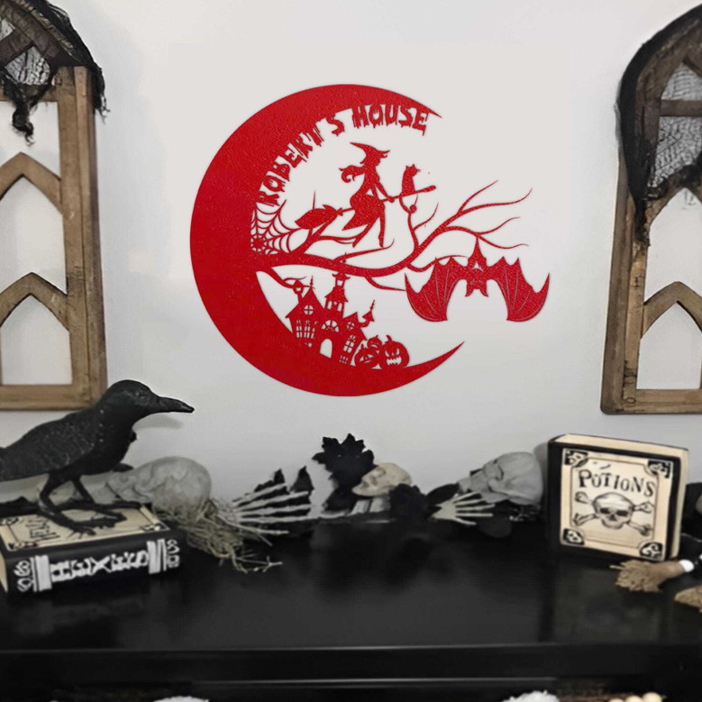 Personalized Witch And Bat Moon Halloween Metal Sign For Entryway DéCor - Thoughtful Halloween Gift