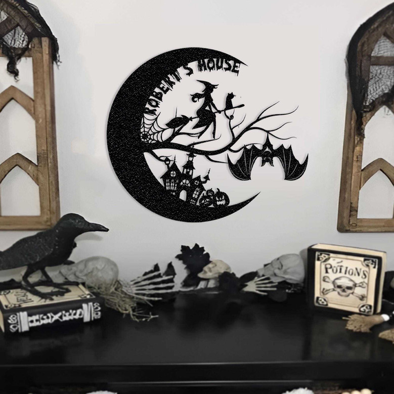 Personalized Witch And Bat Moon Halloween Metal Sign For Entryway DéCor - Thoughtful Halloween Gift