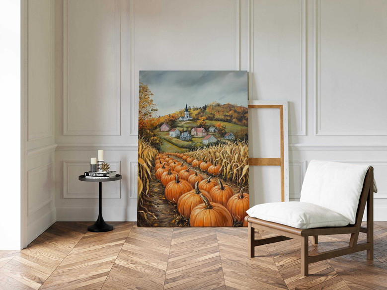 Heartfelt Pumpkin Patch Canvas Art For Living Room - Rustic Autumn Scene With Church & Cornfield, Seasonal Harvest Decor
