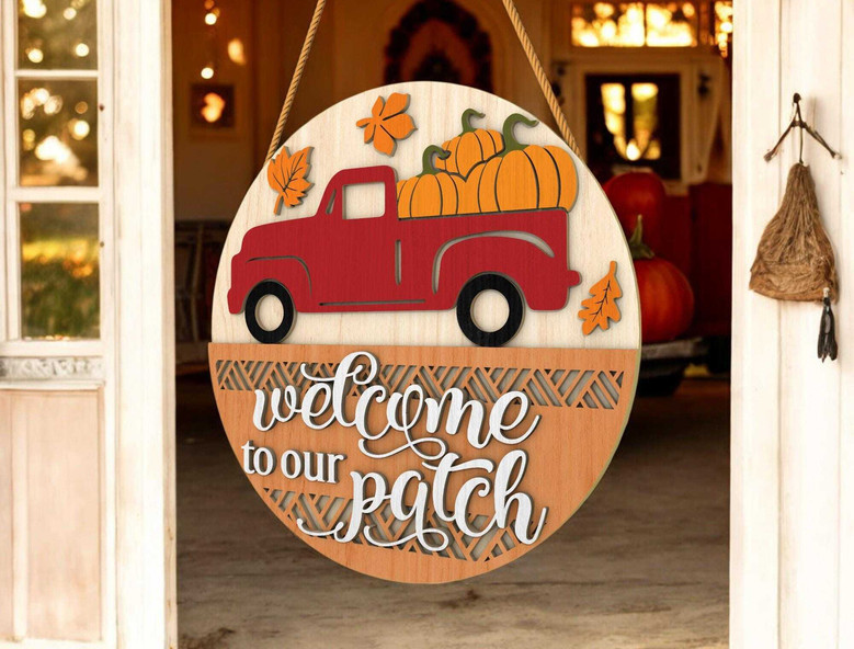 Personalized Rustic Pumpkin Patch Welcome Sign - Red Truck Autumn Porch Decor For Farmhouse Entry