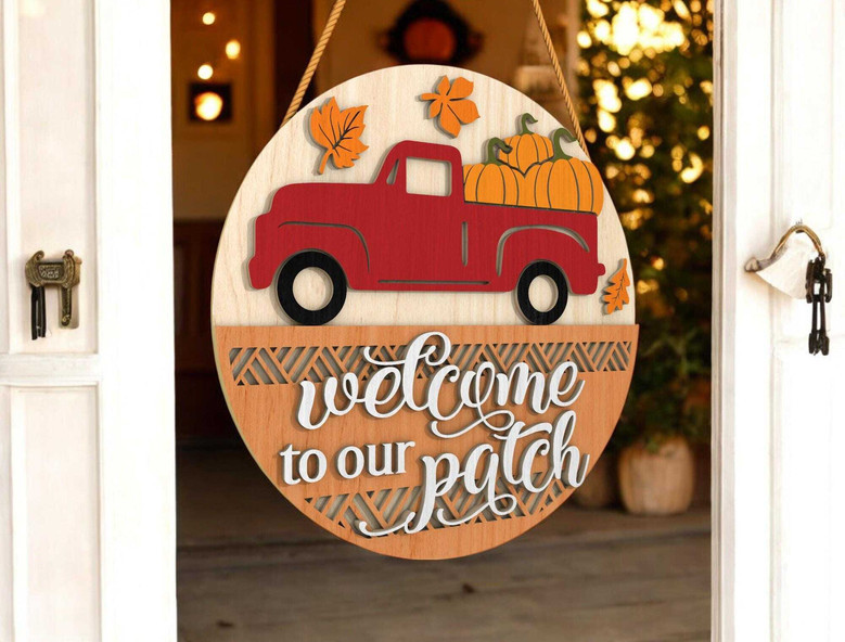 Personalized Rustic Pumpkin Patch Welcome Sign - Red Truck Autumn Porch Decor For Farmhouse Entry