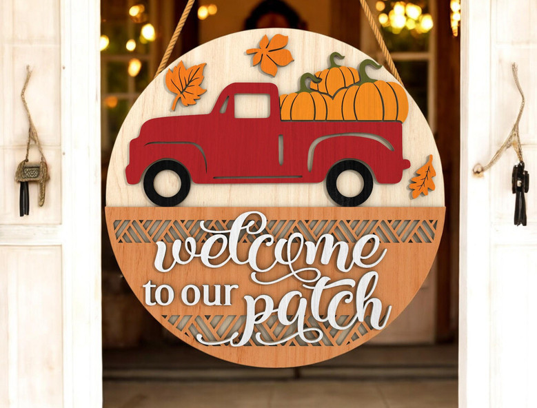 Personalized Rustic Pumpkin Patch Welcome Sign - Red Truck Autumn Porch Decor For Farmhouse Entry