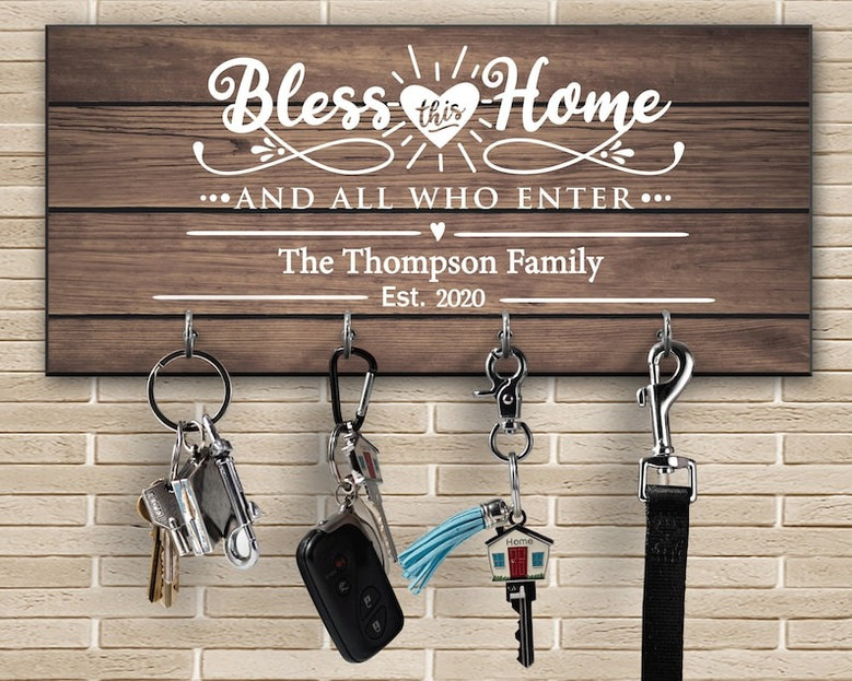 Bless This Home Personalized Wood Key Holder For Family - Housewarming Or Wedding Gift