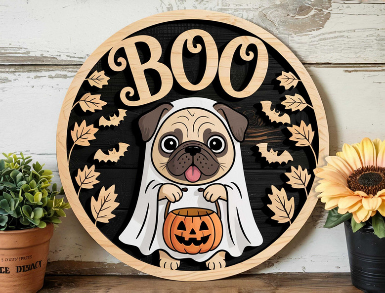 Funny Ghost Dog Wooden Sign - Pug Halloween DéCor For Porch And Pet Lovers