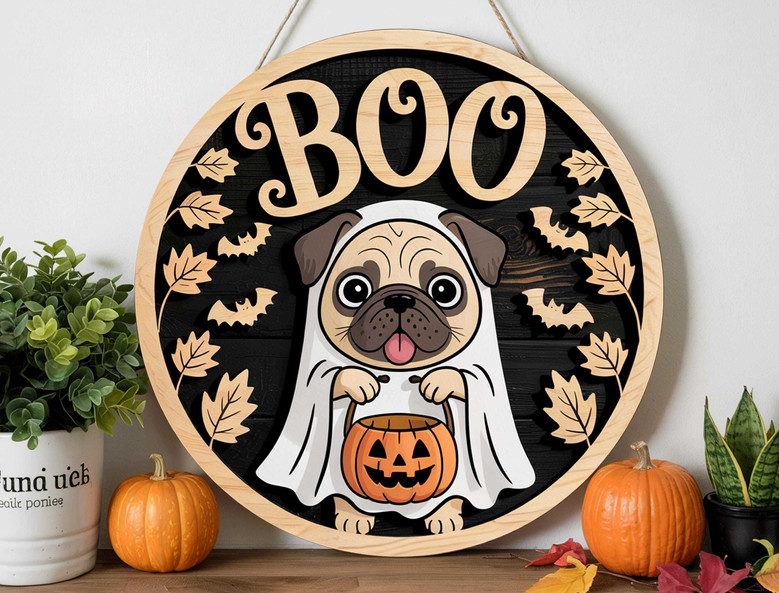 Funny Ghost Dog Wooden Sign - Pug Halloween DéCor For Porch And Pet Lovers