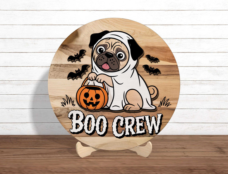 Cute Ghost Dog Wooden Sign For Dog Lovers - Halloween Porch Decor With Pug Theme