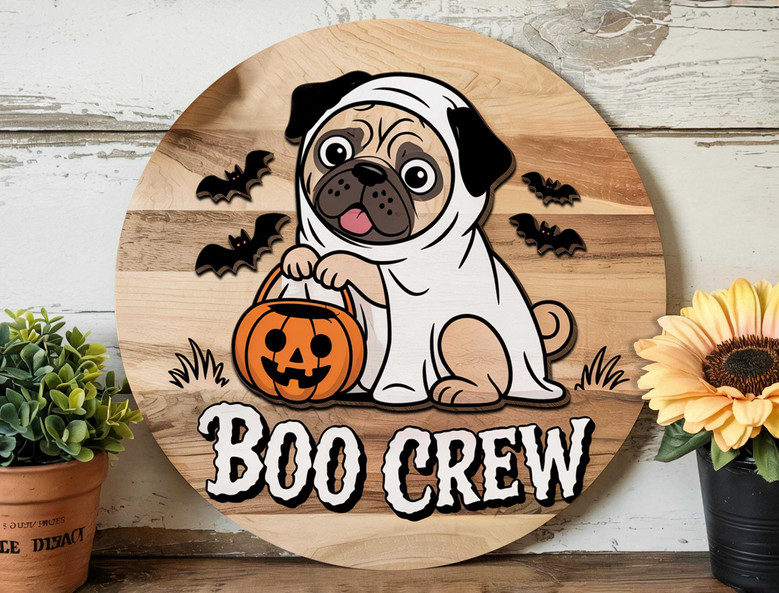 Cute Ghost Dog Wooden Sign For Dog Lovers - Halloween Porch Decor With Pug Theme