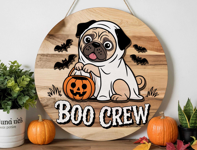 Cute Ghost Dog Wooden Sign For Dog Lovers - Halloween Porch Decor With Pug Theme