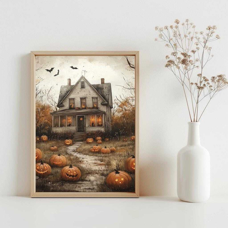 Charming Pumpkin Patch Canvas For Halloween Country DéCor Vintage Farmhouse Fall Art With Haunted House & Flying Bats